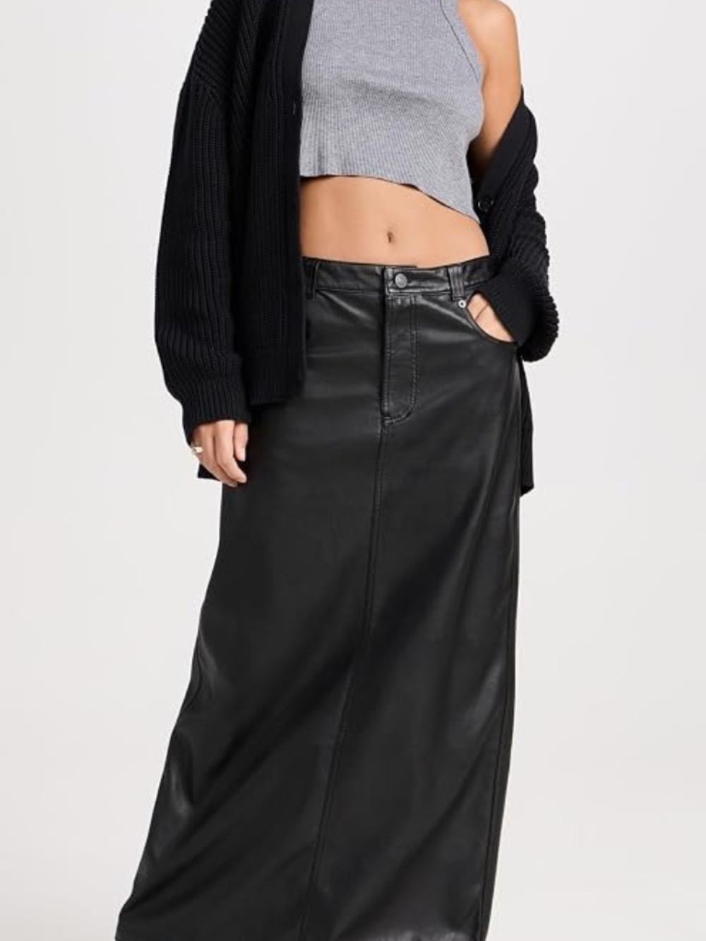 Free People City Slicker Vegan Leather Maxi Skirt Black High Rise A-Line Slit - Picture 12 of 14